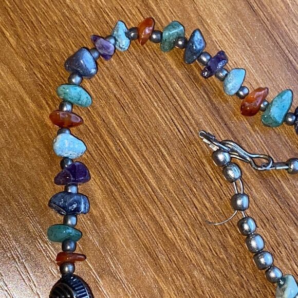 Tibetan Tribal Multi Semi Precious Stone with Turquoise Inlay Pendant Necklace - Picture 6 of 9